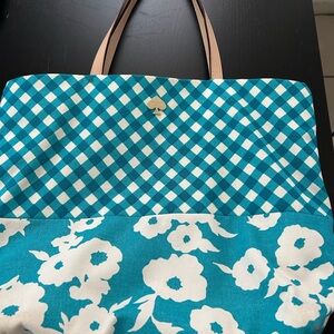 Kate Spade Teal and White Floral Check Tote